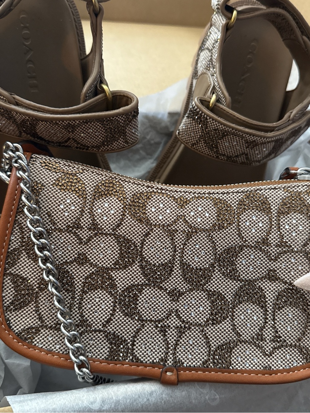 Coach Tan & Brown Signature Canvas Shoulder Bag with Chain Strap